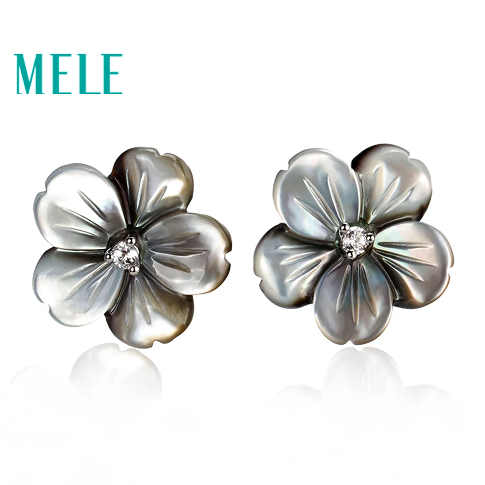 Hot style fshione shell stud earring for women,black plum blossom flower with 925 sterling silver,beauty jewelry for gift