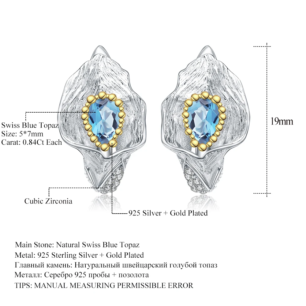 GEM'S BALLET 1.68Ct Natural Swiss Blue Topaz Callalily Leaf Earrings 925 Sterling Silver Handmade Stud Earrings for Women