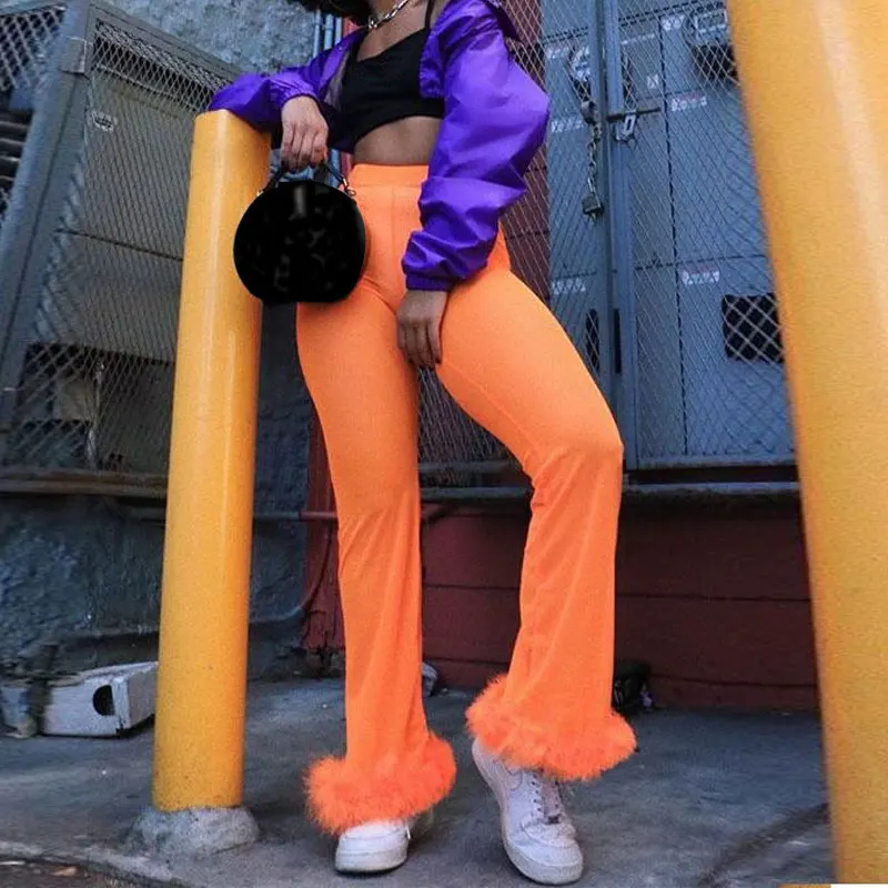 2023 Sexy Women Sheer Mesh Wide Leg Pants See Through Transparent Faux Fur Trim Pants High Waist Full Night Club Wear Trousers