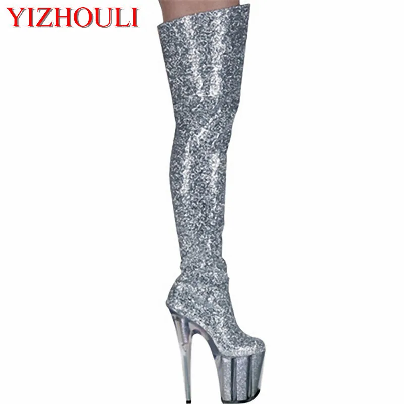 Shining Silver 20CM Ultra High Heels Boots Barreled Platform PU Leather 8 Inch Performance Shoes Sexy Dance Shoes