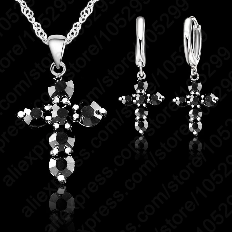 10 Colors 925 Sterling Silver Austrian Crystal Cross Pendant Necklace Earrings Jewelry Sets Stock 24 Hours Shipping