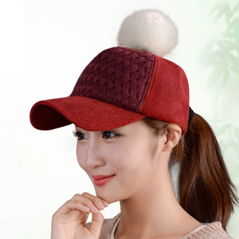 Baseball cap female autumn and winter outside  all-match thermal fox fur ball baseball cap