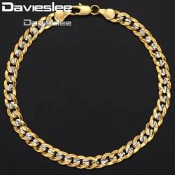 Davieslee Men's Bracelets Hammered Cut Curb Cuban Link Chain Yellow Gold Color Bracelet For Men Jewelry Dropshipping 6mm DGB292