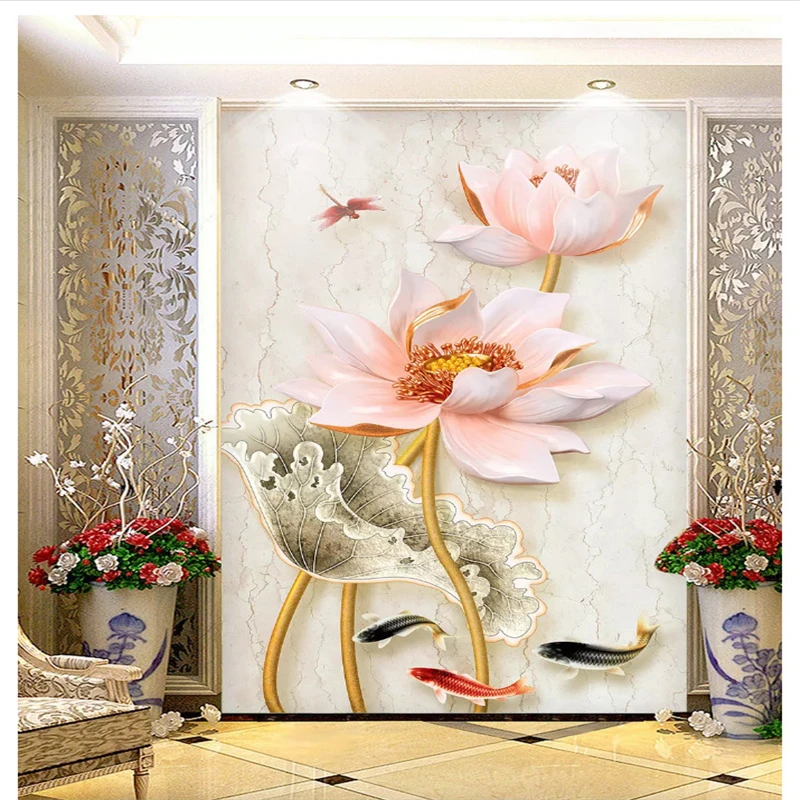 

beibehang Classic wallpaper marble new Chinese three-dimensional embossed lotus porch background wall papers home decor behang