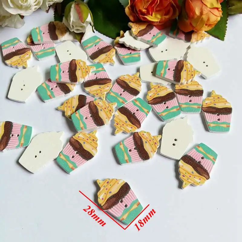 50pcs/lot 2 Holes Colored cake Wooden Buttons Cute Mixed Paint Design Decoration Clothing Accessories Sewing Buttons