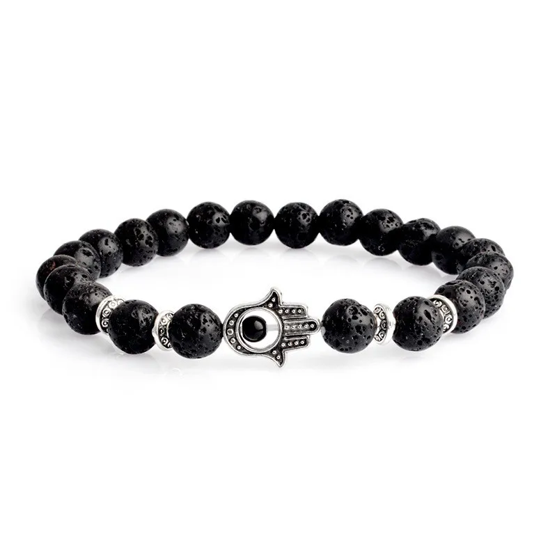 Natural Stone Fatima Hamsa Hand Men Bracelet Black Matte Lava  Chakra Energy  Summer Jewelry