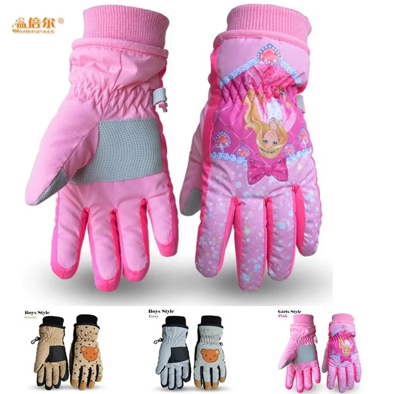 Children Ski Gloves,Winter Plus Velvet Warm Kids Boys&Girls Cartoon Bear Cute Princess Waterproof Windproof Gloves,for 5-12 age