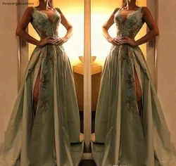 2019 Cheap Olive Green Evening Dress Sexy Dubai Deep V Neck Split Holiday Women Wear Formal Party Prom Gown Plus Size