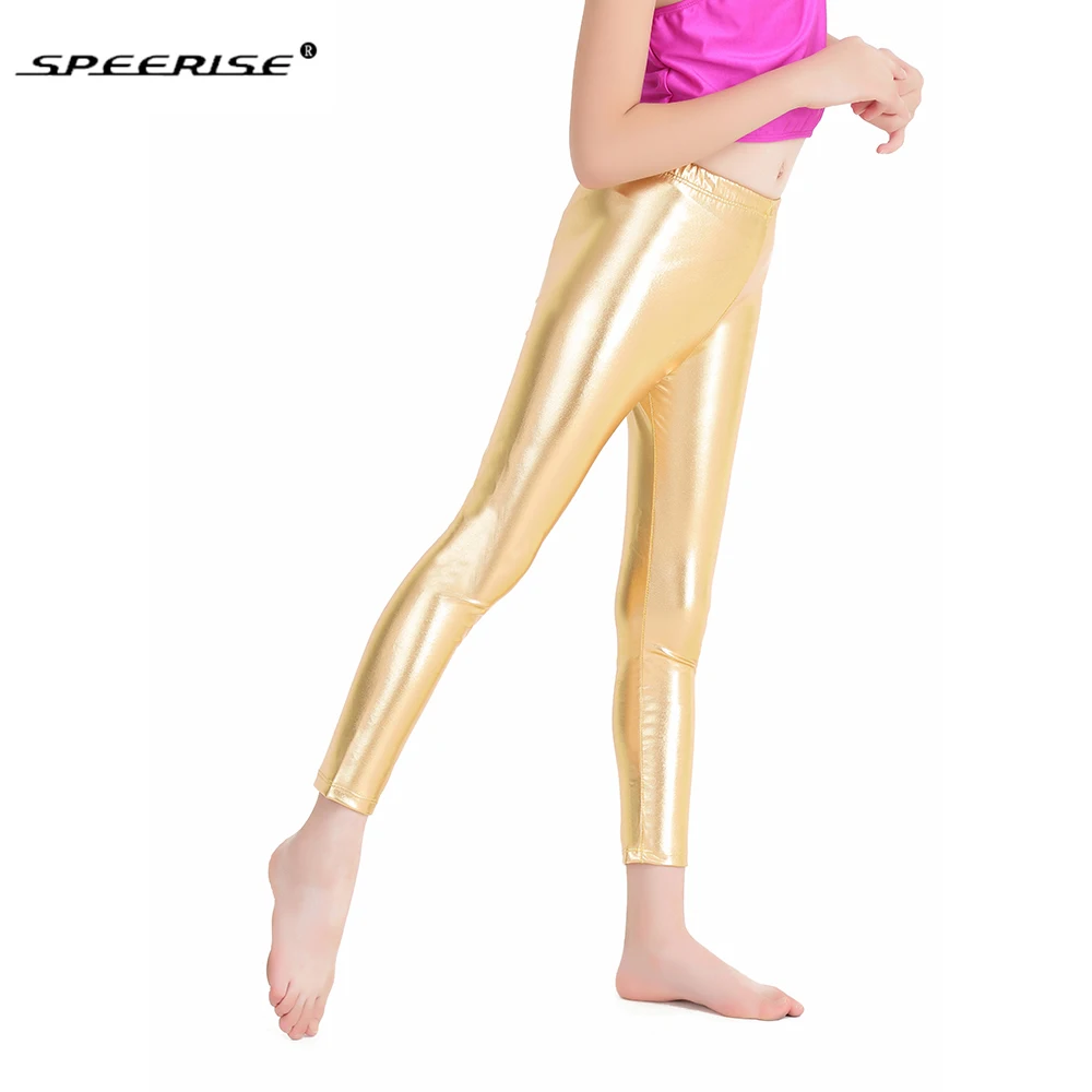 SPEERISE-Pantalones tobilleros dorados para niñas, Leggings de LICRA metálica brillante para baile, Ballet y plata, envío gratis