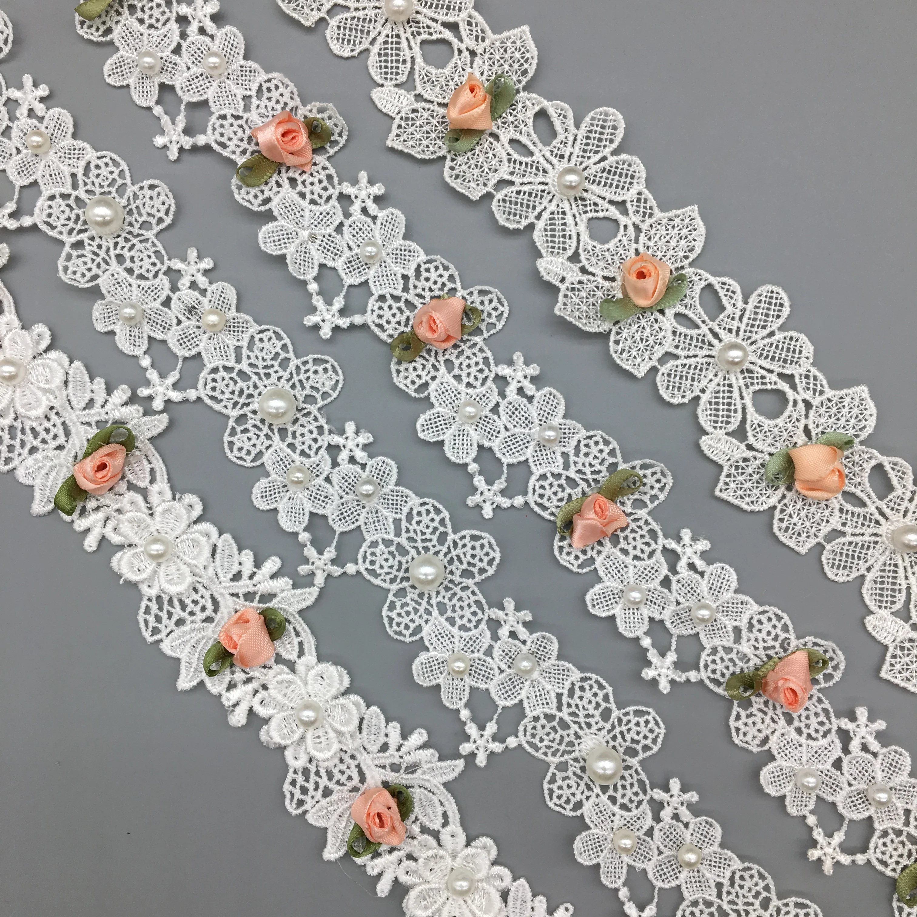 

1 Yard French Lace Fabric Pearl Flowers Lace Trim White 3D Embroidered Ribbon Handmade DIY Sewing Crafts For Costume Hat Decor
