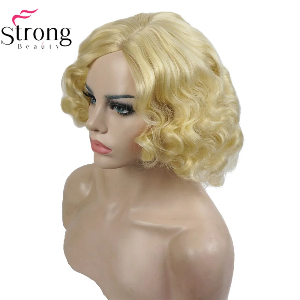 StrongBeauty ทองแดงสีบลอนด์ Flapper ทรงผมสั้น Curly ผมผู้หญิงสังเคราะห์ Capless Wigs