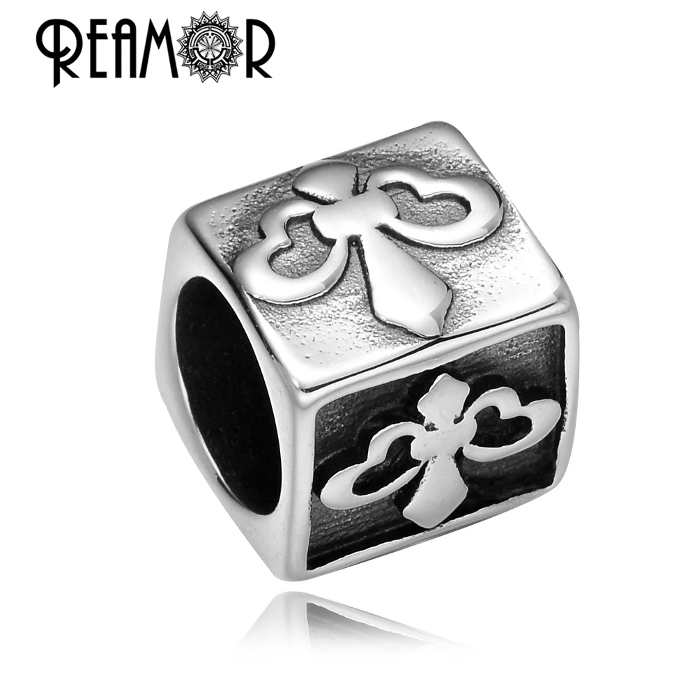 REAMOR 5pcs Stainless steel Iris Flowers Cross Cylinder Big Hole Charms Beads for Jewelry Making Men Bracelet DIY Accessories