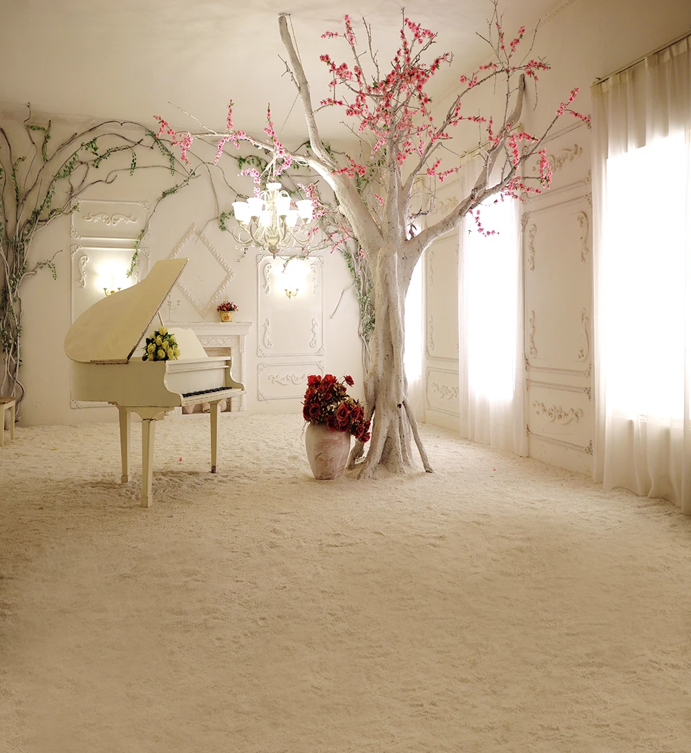 

Indoor Room Pink Flowers Tree Piano Wedding Photography Backdrop Bright Window White Curtain Photo Studio Background Sandy Floor