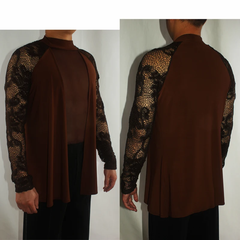Lace Man Latin Dance Tops Long Sleeve Tango Rumba Cha Cha Samba Professional Performance Shirt Dancing Practice Clothes DNV10358