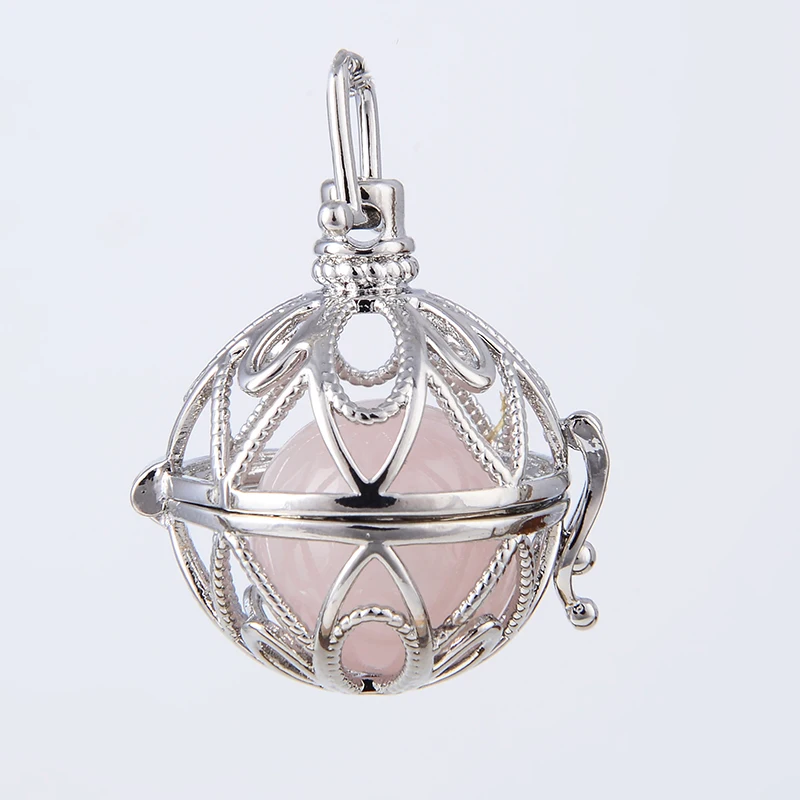 New Silver Plated Copper Round Egg Metal Flower Hollow Cage Pendant With Pink Crystal Tiger Eye Yellow Natural Stone Ball