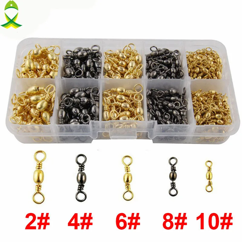 JSM 400pcs Fishing Barrel Swivel Brass With Nickle Coated Barrel Fishing Swivels Connector Set With Box Size 2 4 6 8 10