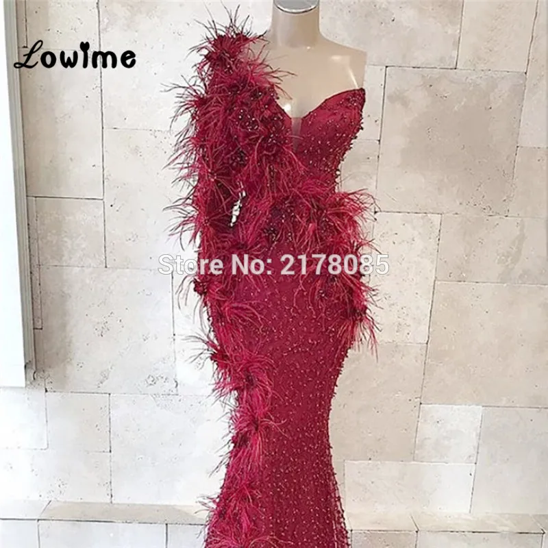 Vestidos De Noche De un hombro con plumas, vestido De fiesta De Dubái musulmán árabe, con cuentas De sirena y mangas largas, 2019