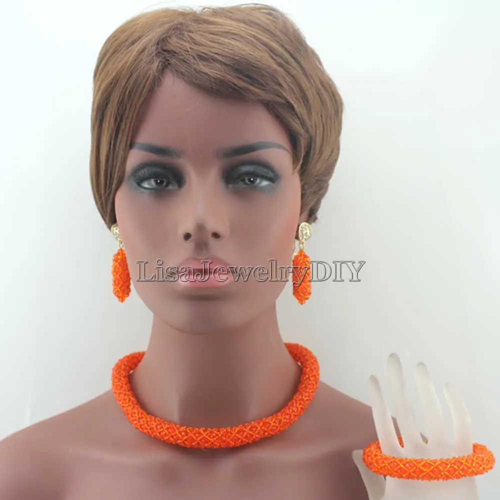 

Orange Crystal Nigerian Traditional Wedding African Beads Jewelry Set Choker Necklace Set Free Shipping HD7884