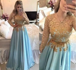 Latest Gold Lace Scoop Evening Dresses Long Sleeve Appliques With Sashes A-Line Fromal Prom Gowns Robe De Soriee