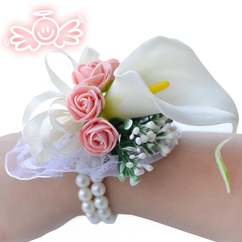 YO CHO Boutonnières Rozen Pols Bloem voor Bruid Wit Roze Pols Corsages Armband Calla Lelie Boutonniere Bruidegom Bruiloft Corsage