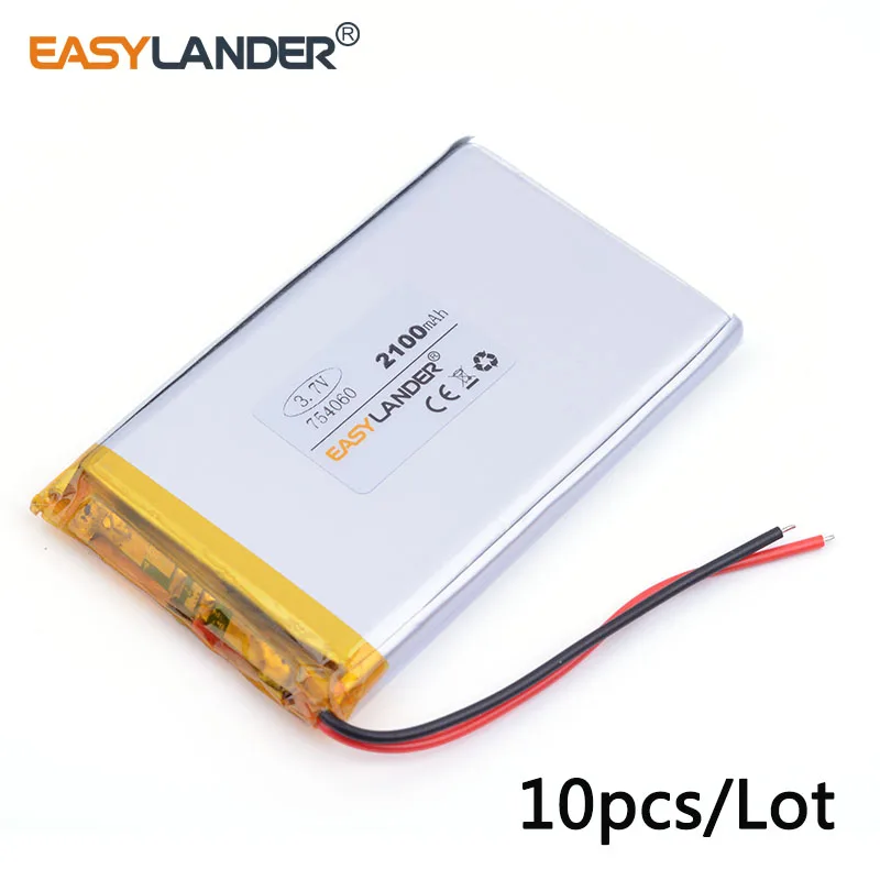 

10pcs/Lot 754060 2100MAH 3.7V Bluetooth stereo mobile power polymer lithium battery For MP5 E-book tablet pc Vedio Game GPS DVR