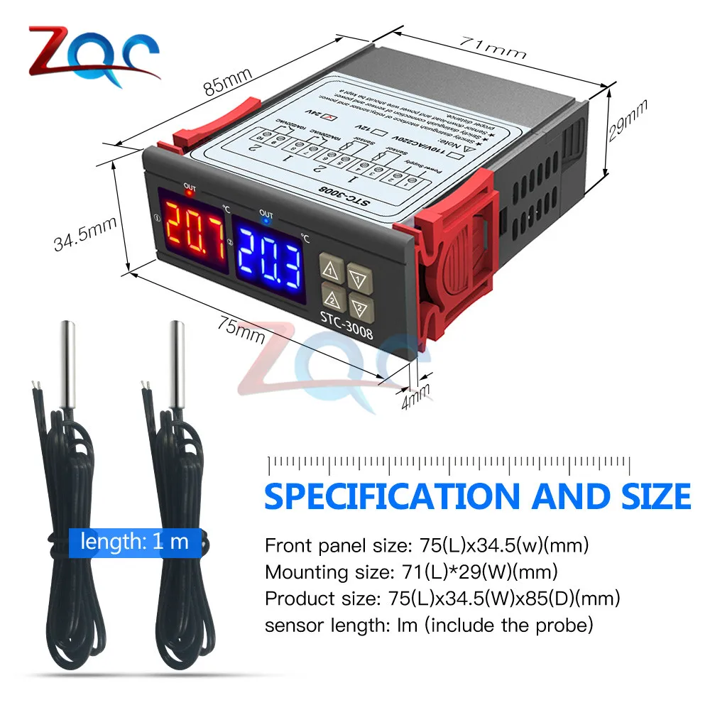 Dual Digital Temperature Controller Thermostat Thermoregulator Incubator Probe 10A Heating Cooling Two Relay 12V 24V 110V 220V