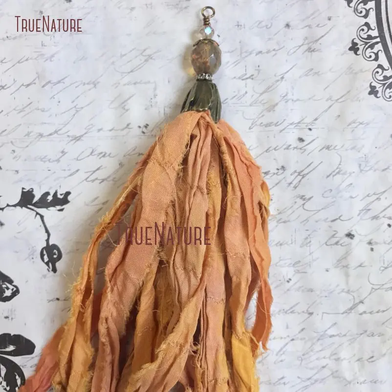 

New Handcrafted Tassel In Burnt Orange Sari Silk Tassel Antique Brass Cap Faceted Crystal Beads Accent Jewelry 7.5 " TPO14381