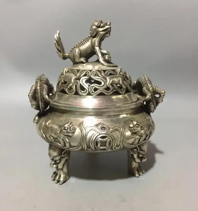 collection archaize white copper double dragon ear God beast lid Incense burner