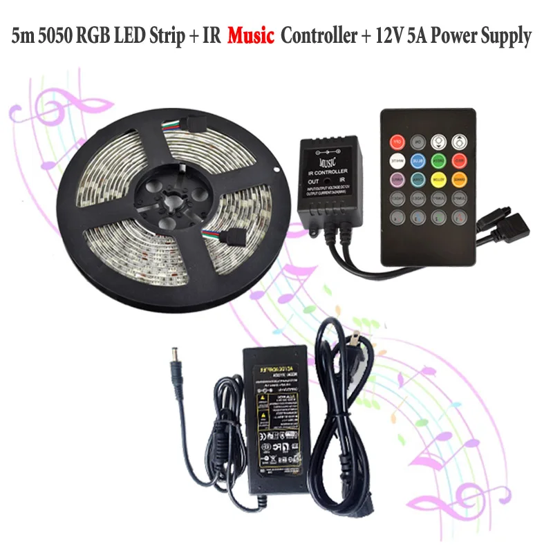 

RGB Music Led Strip Lights Waterproof Flexible Tape Rope Light 5M 5050 300 LEDs +20key Remote Controller 12V 5A Power Supply Kit