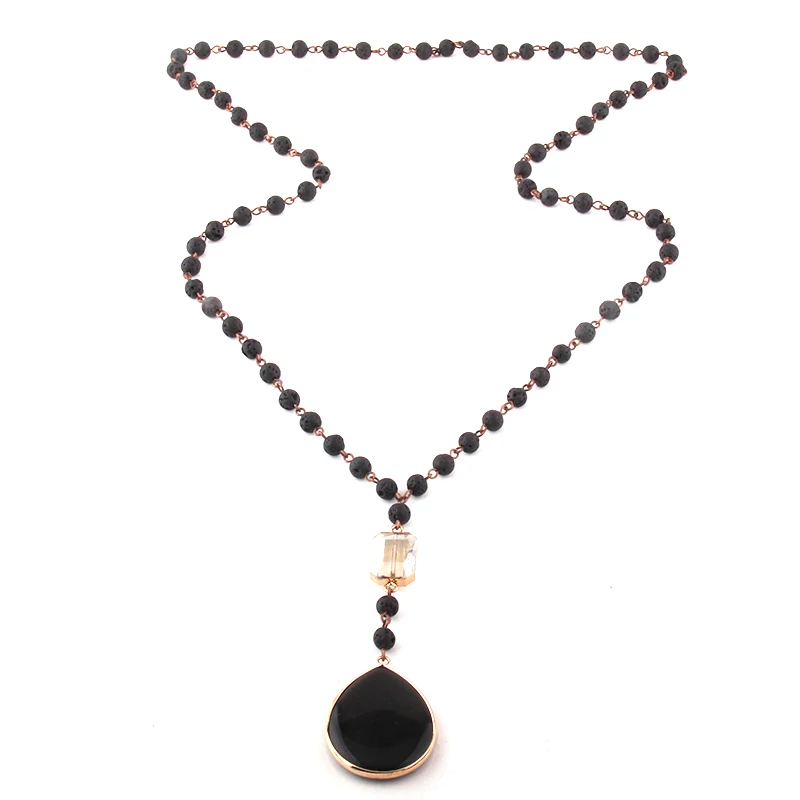 Fashion Bohemian Jewelry 6mm Stones Rosary Chain Crystal Link Stone Drop Pendant Necklaces For Women Ethnic Necklace