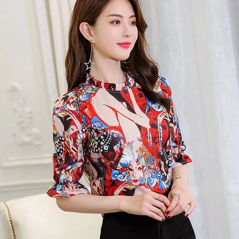 Chemise en mousseline de soie coréenne pour femmes, chemisier imprimé à col rond et manches courtes, vêtements de loisirs à la mode, nouvelle collection printemps été, H9103