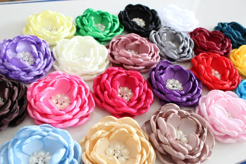 

Baby Kids Burned edges hair flower accessories Singed Satin Fabric flower ruffled curly rhinestone flower Women headwear 30pcs