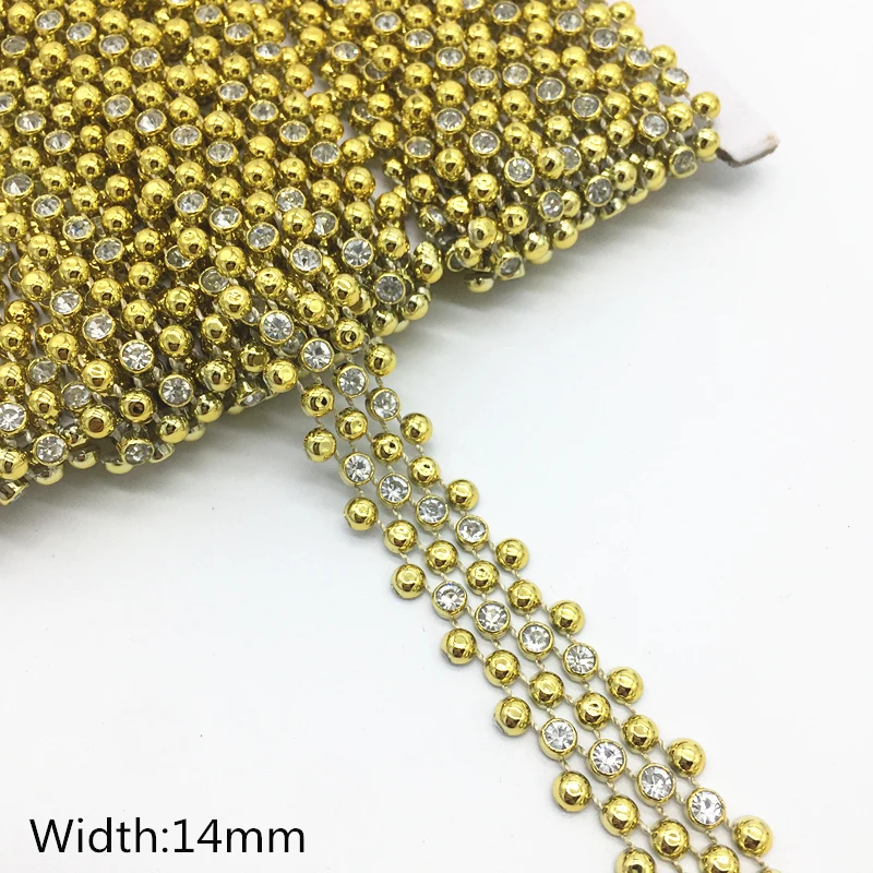 1 Yards 14mm 3 righe catena di strass catena di cristallo di perle cucire su finiture abito da sposa Costume Applique # Z