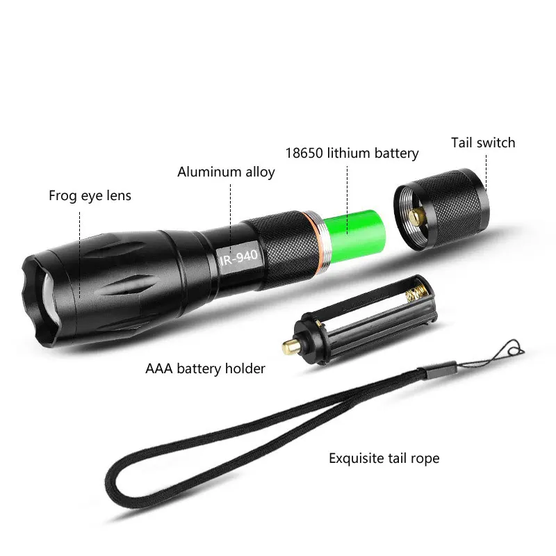 940nm 7W Zoomable IR LED Rechargeable Flashlight linterna torch 18650/3XAAA Outdoor Camping Powerful Led Flashlight