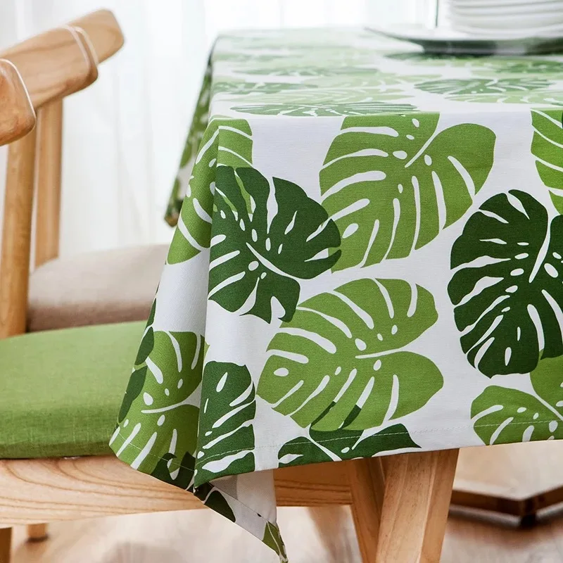 Pastoral Cotton Thickened Tablecloths, Large Leaf Printing, Household Square Tablecloths, Green