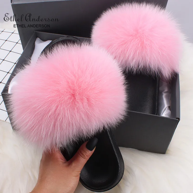 Ethel Anderson Women Slippers Slides Summer Plus Real Fox Fur Flip Flops Chic Fur Flat Sandals Shoes Top Selling