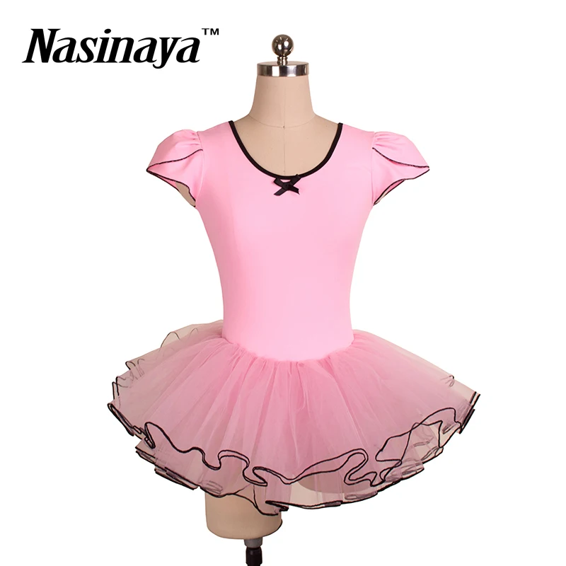 Girls Rhythmic Gymnastics Dress Tights Rg Costume Kids Ballet Performance Dress Dance Skirt Short Sleeve Training Pink Skirt