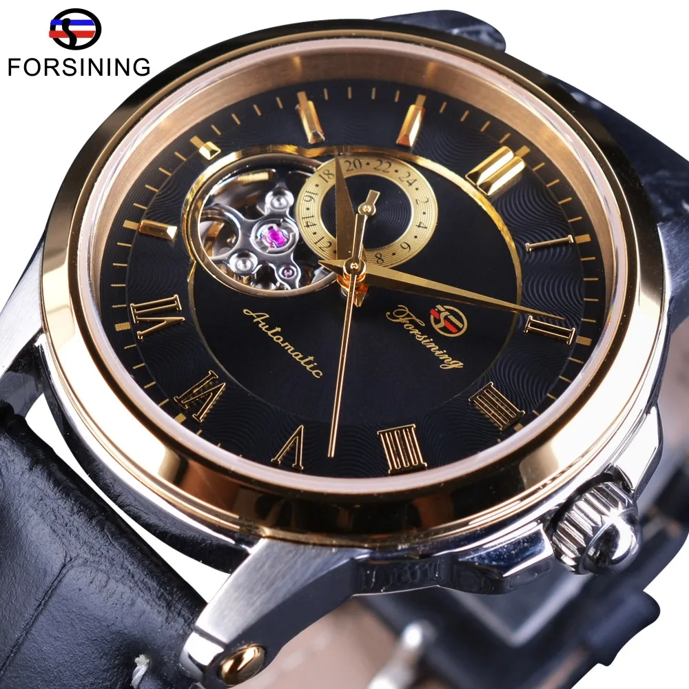 Forsining Transparent Japan Mechanical Movement Mens Watches Top Brand Luxury Genuine Leather Strap Automatic Golden Wrist Watch