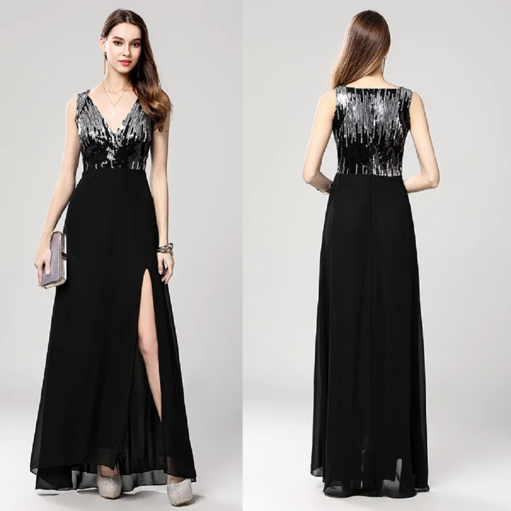 B0060 New Black sequin V-neck High Slit Chiffon Sleeveless Prom Ball Gown Formal Women Maxi Long Dresses A-Line