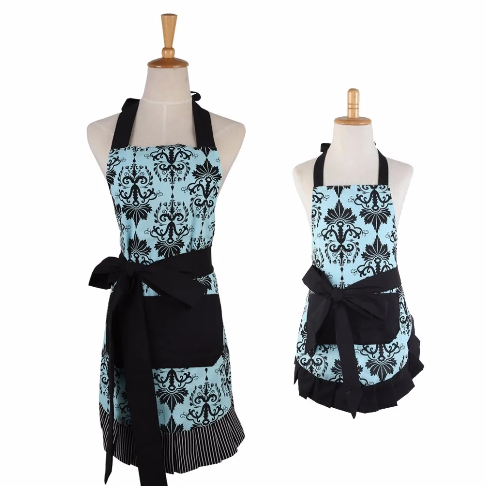 Mother & Daughter Parental Apron Cotton Printing Cute Aprons With Pocket Housework BBQ DIY Painting Flower Pinafore Apron Black