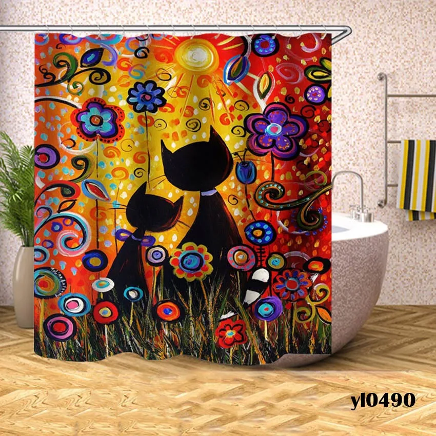 Cartoon Cat Shower Curtains Waterproof Animals Bath Curtains For Bathroom Bathtub Large Wide Bathing Cover Home Rideau De Bain