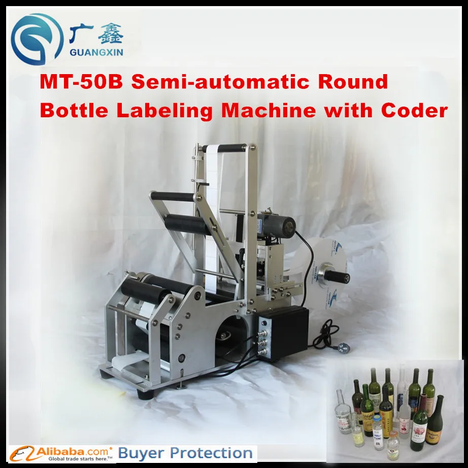 

MT-50B Semi-Auto Round Bottle Labeling Machine with coder ,glass round and plastic round bottle labeling Machine with date stamp