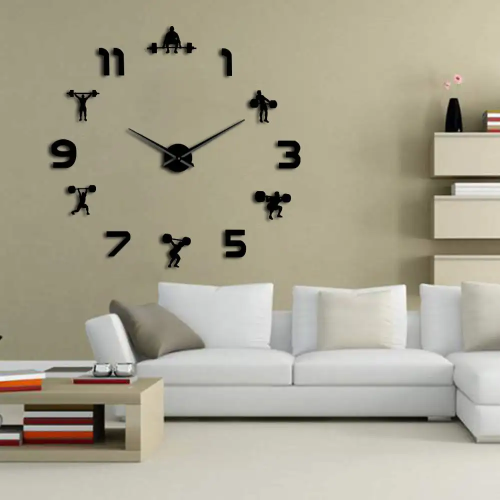 Weightlifting Fitness Room Wall Decor DIY Giant Wall Clock Mirror Effect Powerlifting Frameless Large Wall Clock GYM Wall Watch