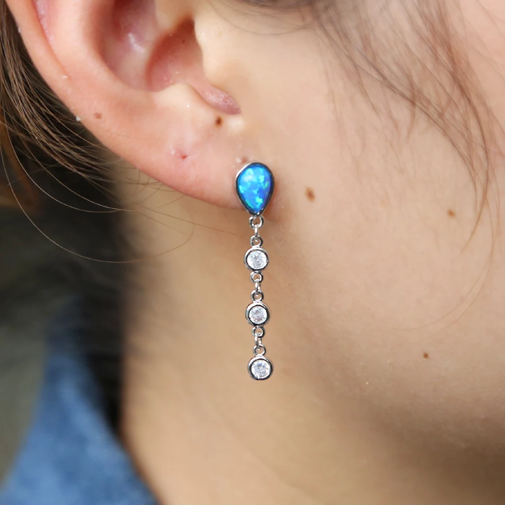 Fashion Elegant Simulated blue opal Long Drop Earrings for Women Girl Wedding Pear tassel Statement Dangle Earring Jewelry