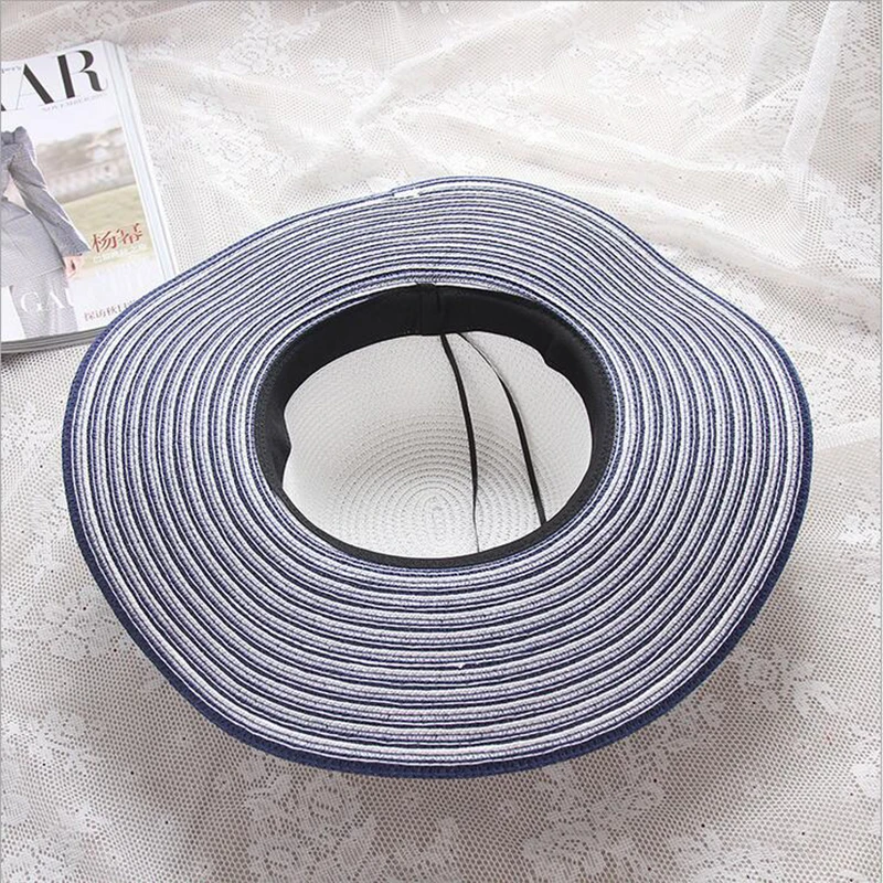 2019 Hot Sale Fashion Hepburn Wind Black White Striped Bowknot Summer Sun Hat Beautiful Women Straw Beach Hat Large Brimmed Hat