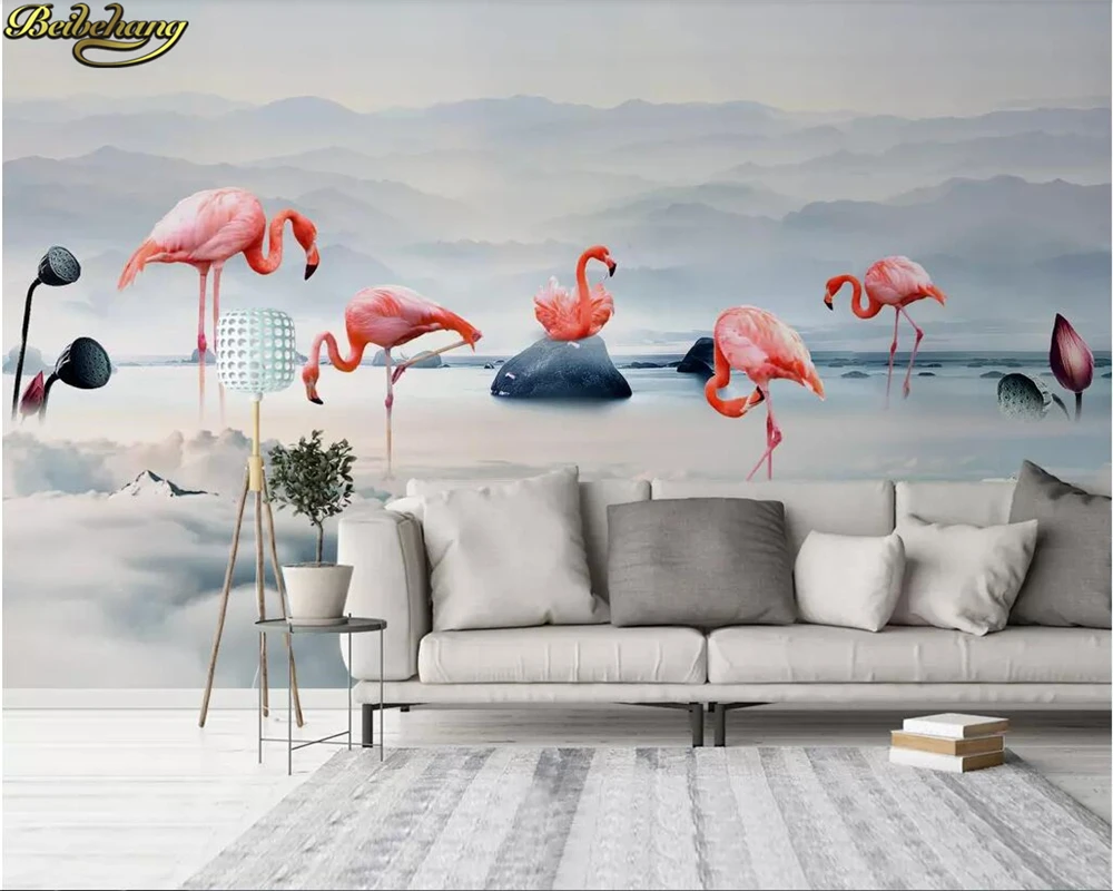 

beibehang Custom wallpaper murals Nordic minimalist cloud hail flamingo far mountain background wall paper mural 3D wallpaper