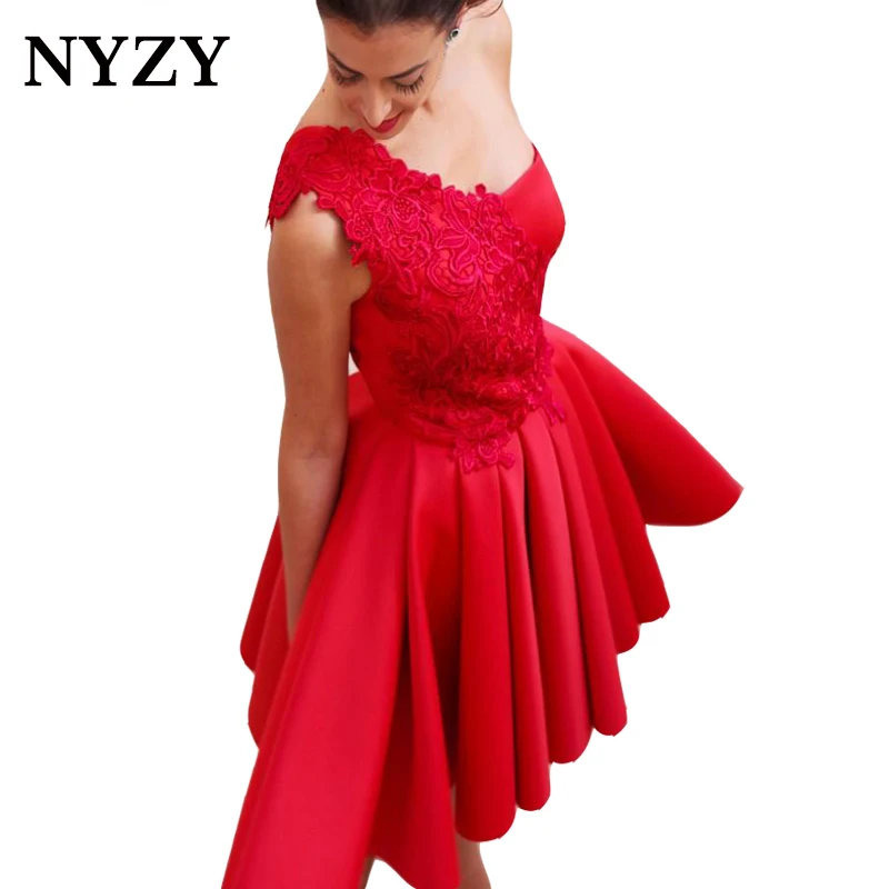 

Elegant One Shoulder Cocktail Dress Vestido Coctel Robe Courte 2019 NYZY C173 Red Satin Formal Dress Party Graduation Homecoming