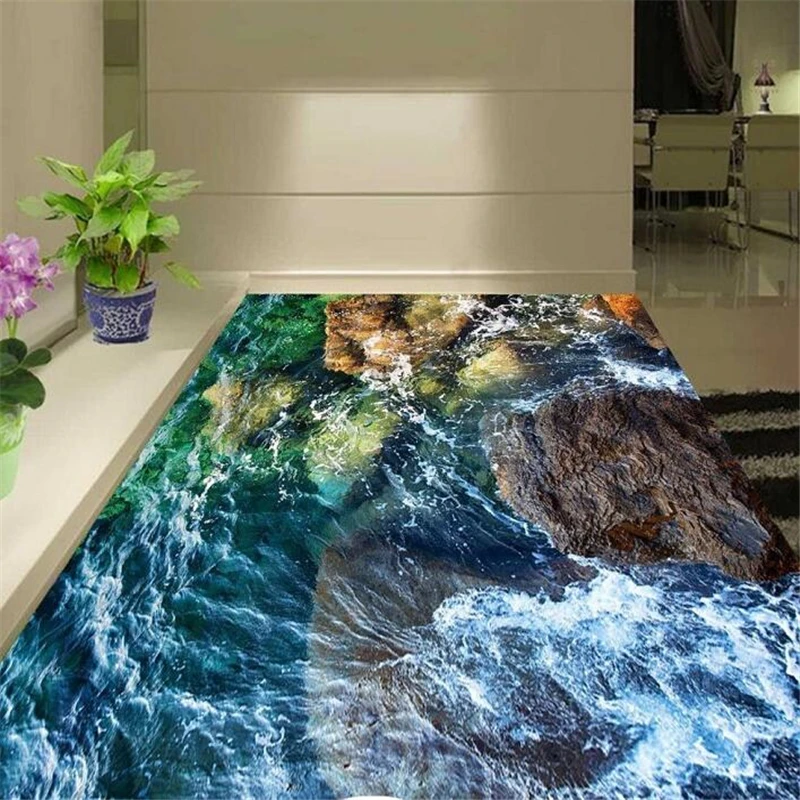 wellyu Custom Floor Painting 3d обои Beautiful Wonderland Coast Stone 3D Living Room Bathroom Tiles papel de parede 3d Flooring