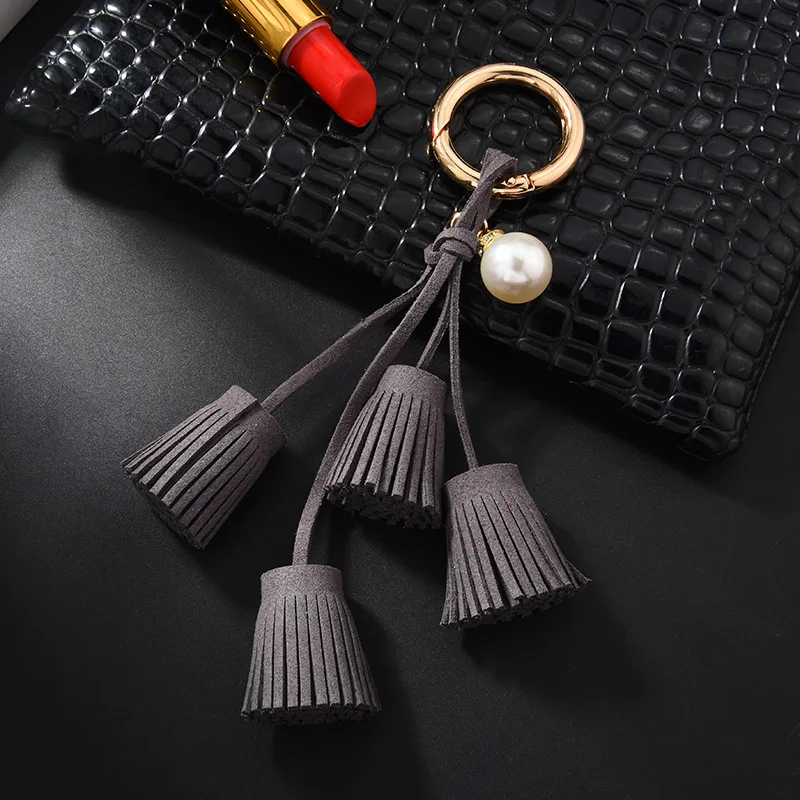 Korean velvet tassel keychain leather tassel pearl pendant car ornaments female key chain plush bag pendant