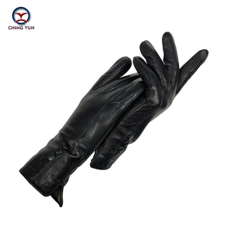 

CHINGYUN New Women's Gloves Genuine Leather Buckskin Gloves Winter Woman Soft Female Warm Lining Balck Three Buttons Mittens